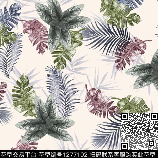 guan047.jpg - 1277102 - 绿植树叶 热带花型 米色底 - 数码印花花型 － 女装花型设计 － 瓦栏
