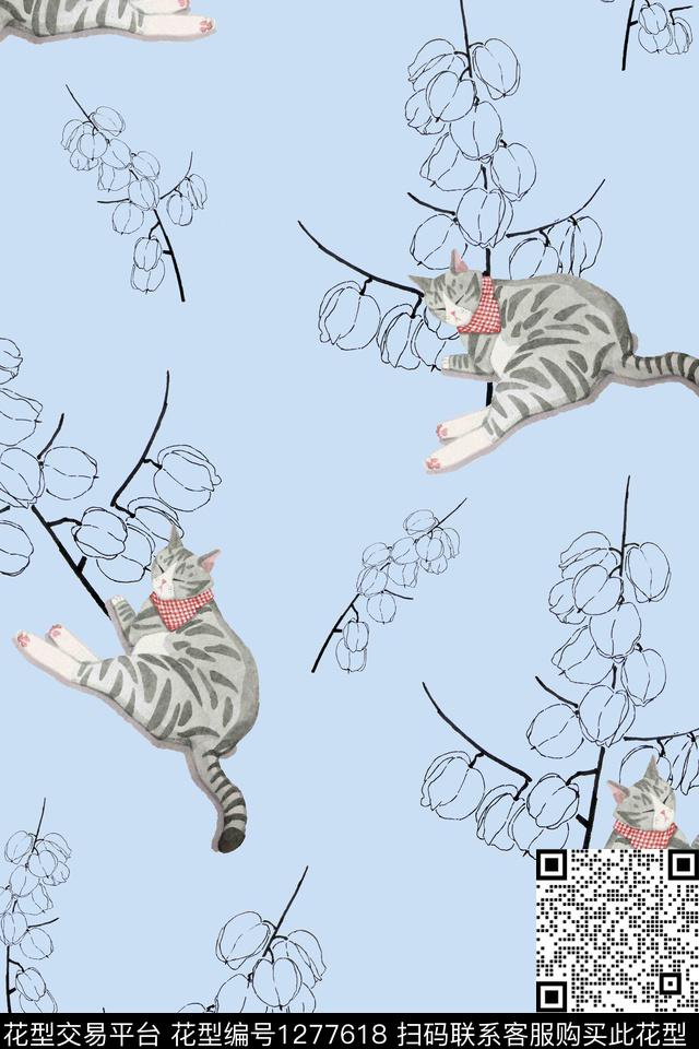 卧猫闻香.jpg - 1277618 - 动物花卉 花卉 趣味 - 数码印花花型 － 女装花型设计 － 瓦栏