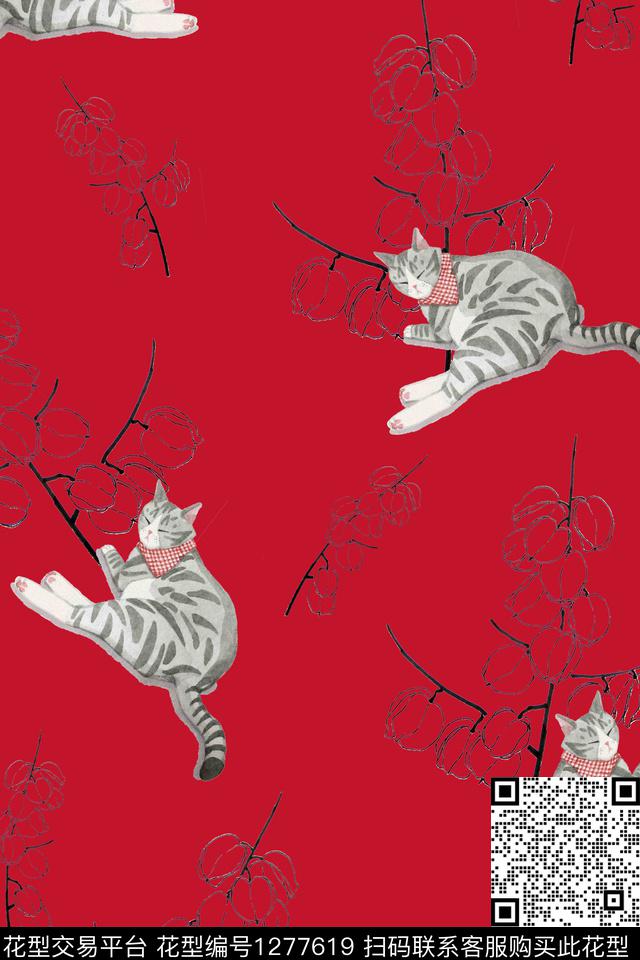 卧猫闻香B.jpg - 1277619 - 动物花卉 花卉 趣味 - 数码印花花型 － 女装花型设计 － 瓦栏