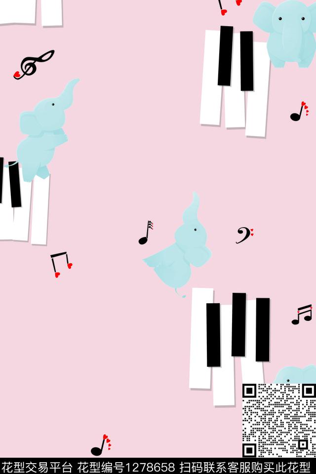 大象粉色音乐传统印花花型下载（图片编号: 1278658） - 瓦栏（Walan）