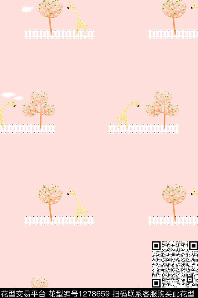 卡通动物长颈鹿粉色传统印花花型下载（图片编号: 1278659） - 瓦栏（Walan）