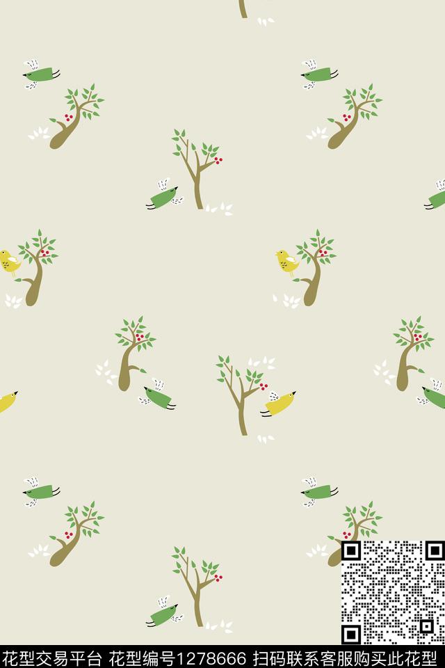 卡通鸟树林传统印花花型下载（图片编号: 1278666） - 瓦栏（Walan）