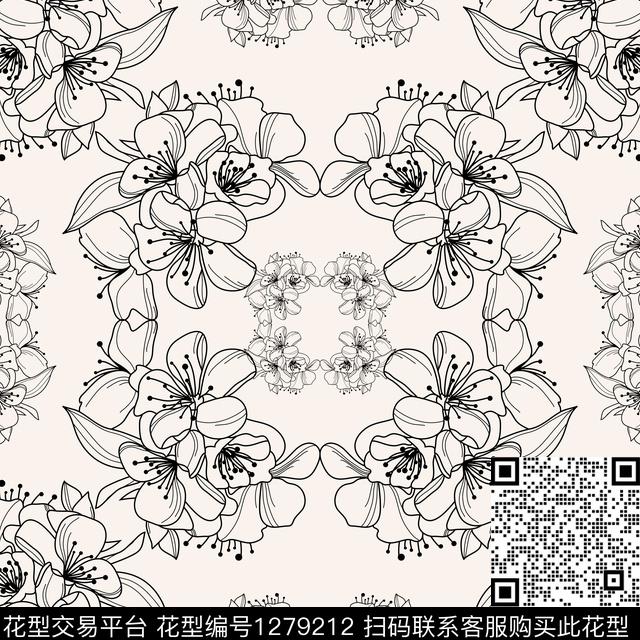 guan117.jpg - 1279212 - 花卉 素描 米色底 - 传统印花花型 － 女装花型设计 － 瓦栏