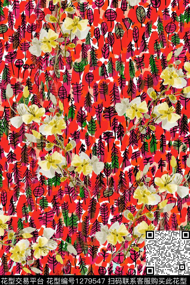 复古连衣裙满版散花数码印花花型下载（图片编号: 1279547） - 瓦栏（Walan）