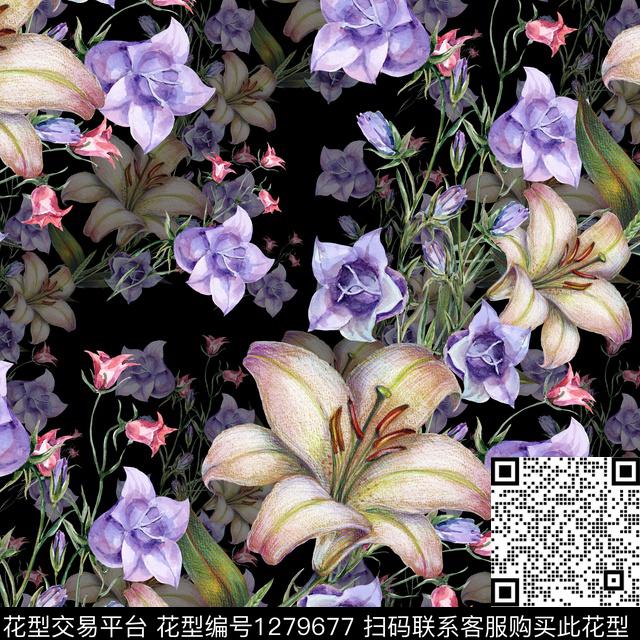 guan075 四方连续.jpg - 1279677 - 黑底花卉 手绘 百合 - 数码印花花型 － 女装花型设计 － 瓦栏