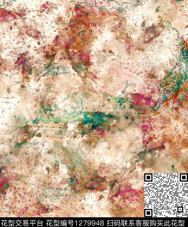 G19110153D.tif - 1279948 - 水彩 抽象 手绘 - 数码印花花型 － 女装花型设计 － 瓦栏