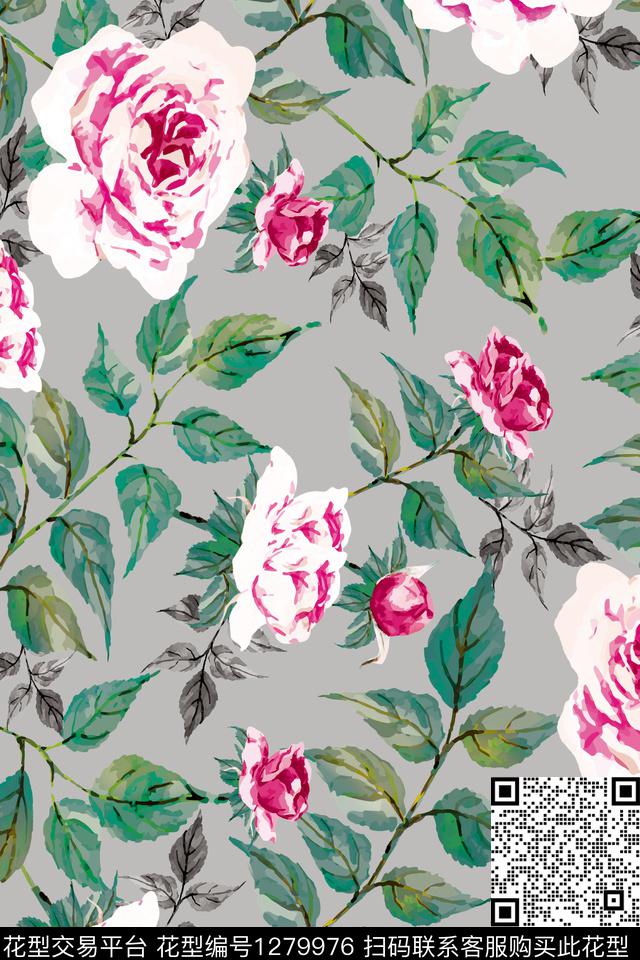 手绘复古玫瑰花.jpg - 1279976 - 数码花型 花卉 绿植树叶 - 数码印花花型 － 女装花型设计 － 瓦栏
