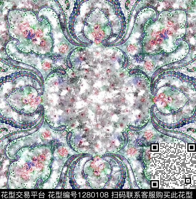 G19110172J.tif - 1280108 - 花卉 手绘 艺术绘画 - 数码印花花型 － 方巾花型设计 － 瓦栏