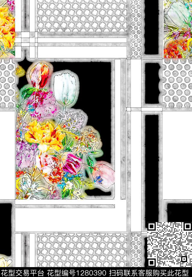 G19110184B.tif - 1280390 - 水彩 花卉 手绘 - 数码印花花型 － 女装花型设计 － 瓦栏