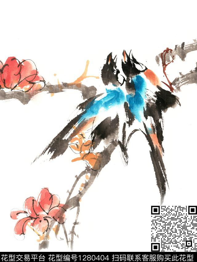 相拥的小鸟.jpg - 1280404 - 鸟 花鸟 手绘 - 数码印花花型 － 女装花型设计 － 瓦栏