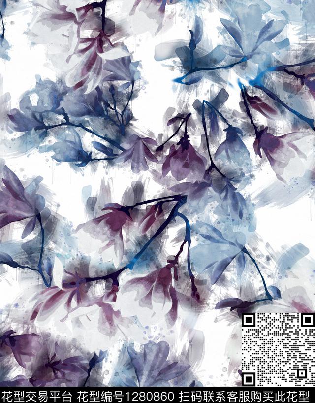 M1911190E.tif - 1280860 - 花卉 手绘 日系水墨 - 数码印花花型 － 女装花型设计 － 瓦栏