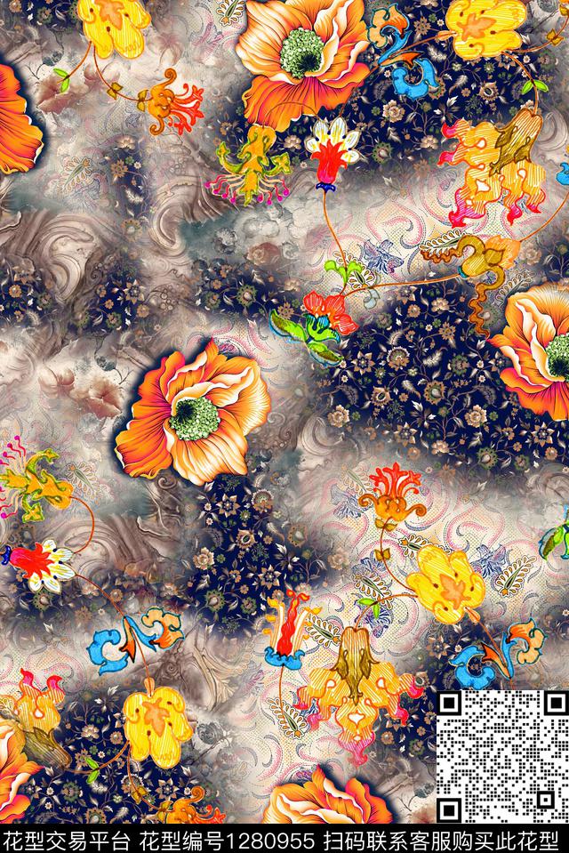 复古连衣裙花卉数码印花花型下载（图片编号: 1280955） - 瓦栏（Walan）