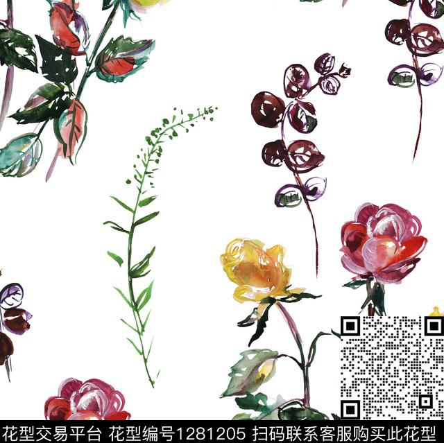 guan128.jpg - 1281205 - 花卉 手绘 白底花 - 数码印花花型 － 女装花型设计 － 瓦栏