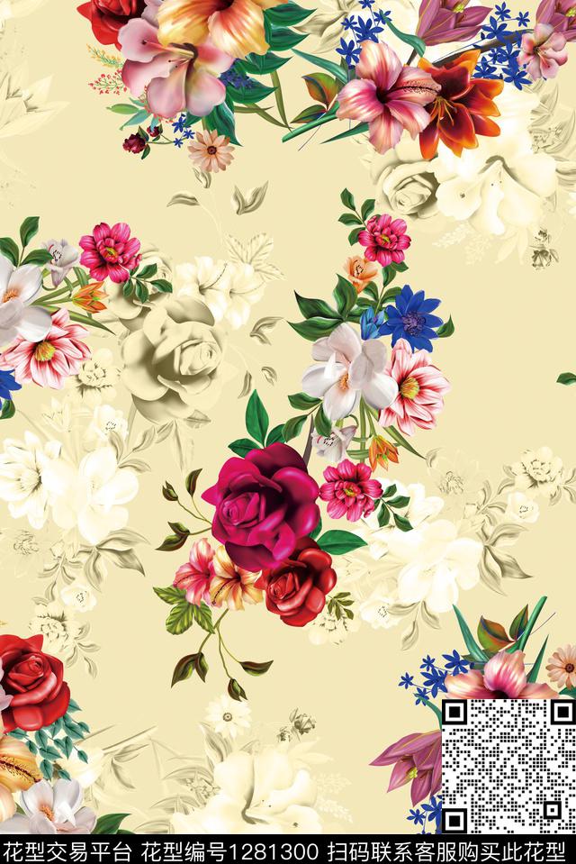 玫瑰百合水彩花.jpg - 1281300 - 玫瑰花 水彩花卉 百合 - 数码印花花型 － 女装花型设计 － 瓦栏