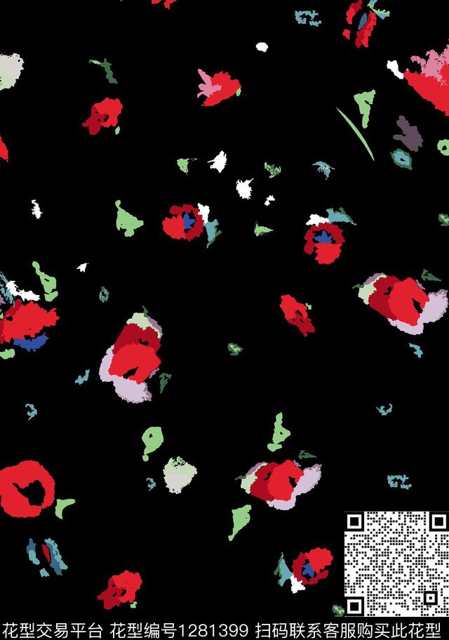 黑底彩色小碎花.jpg - 1281399 - 花卉 大牌风 抽象 - 传统印花花型 － 女装花型设计 － 瓦栏