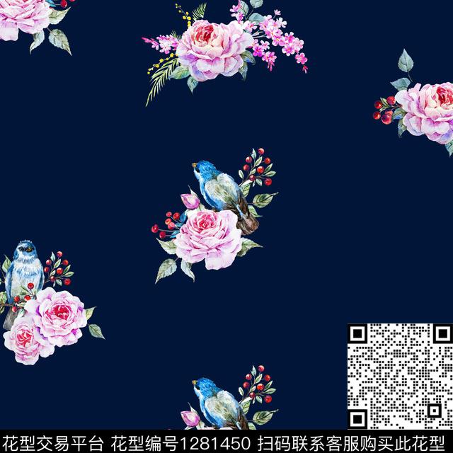 guan132.jpg - 1281450 - 花卉 鸟 老蓝底 - 数码印花花型 － 女装花型设计 － 瓦栏