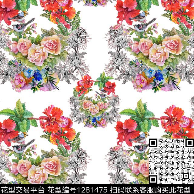 guan133.jpg - 1281475 - 花卉 鸟 白底花 - 数码印花花型 － 女装花型设计 － 瓦栏