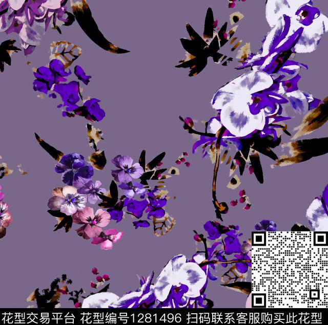 191209蝴蝶兰回路.jpg - 1281496 - 水彩 花卉 休闲 - 数码印花花型 － 女装花型设计 － 瓦栏