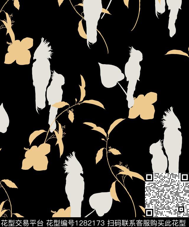 最新鹦鹉.jpg - 1282173 - 黑底花卉 花鸟 抽象花卉 - 传统印花花型 － 女装花型设计 － 瓦栏