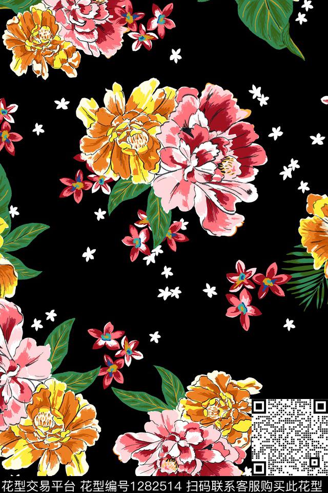 花卉大牌风植物数码印花花型下载（图片编号: 1282514） - 瓦栏（Walan）