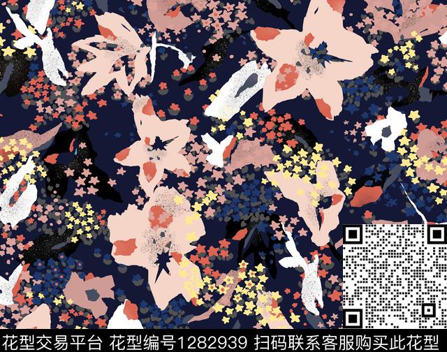 大花+星星.jpg - 1282939 - 抽象花卉 星星点点 儿童画 - 传统印花花型 － 女装花型设计 － 瓦栏