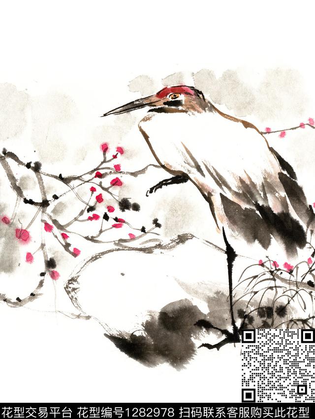 仙鹤与红梅.jpg - 1282978 - 鸟 花鸟 手绘 - 数码印花花型 － 女装花型设计 － 瓦栏