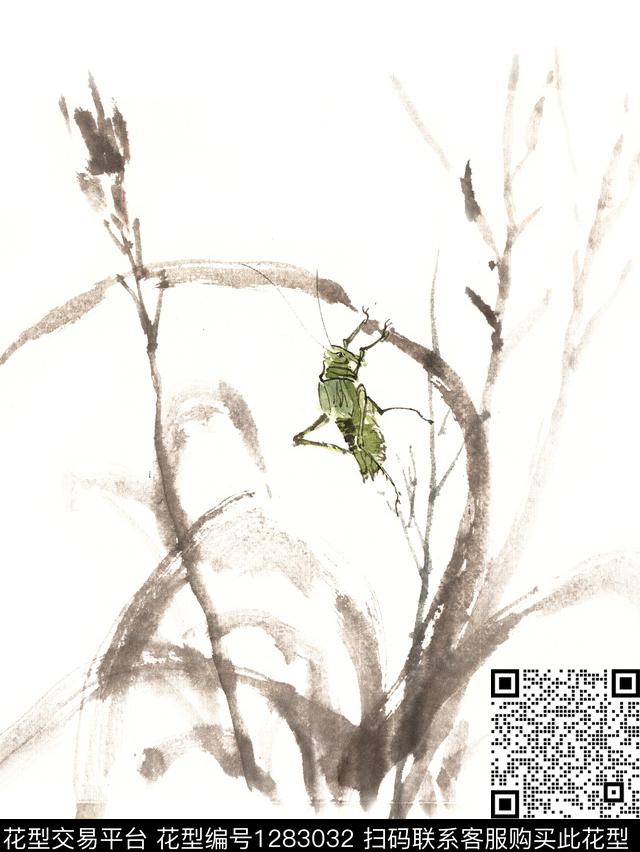 玉米棵上觅食的蝈蝈.jpg - 1283032 - 手绘 昆虫 国画 - 数码印花花型 － 女装花型设计 － 瓦栏