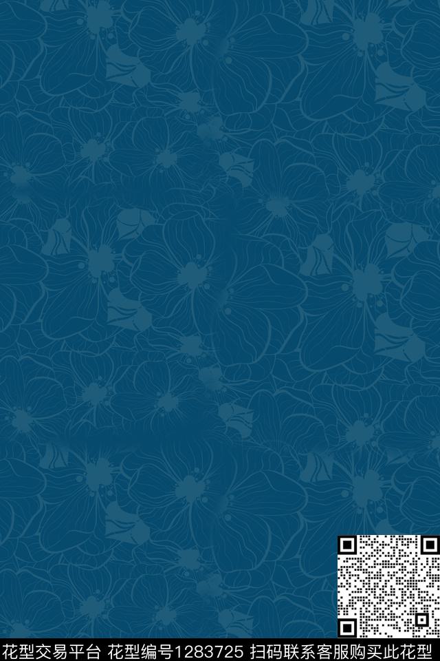 蓝花.jpg - 1283725 - 简约 颜色 花卉 - 传统印花花型 － 床品花型设计 － 瓦栏