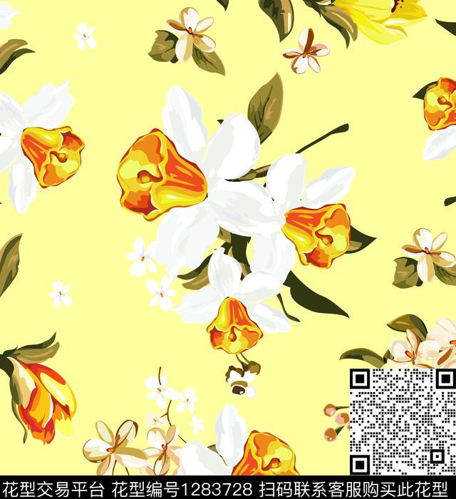 黄底白花.jpg - 1283728 - 花卉 褪色花卉 水仙花 - 数码印花花型 － 女装花型设计 － 瓦栏