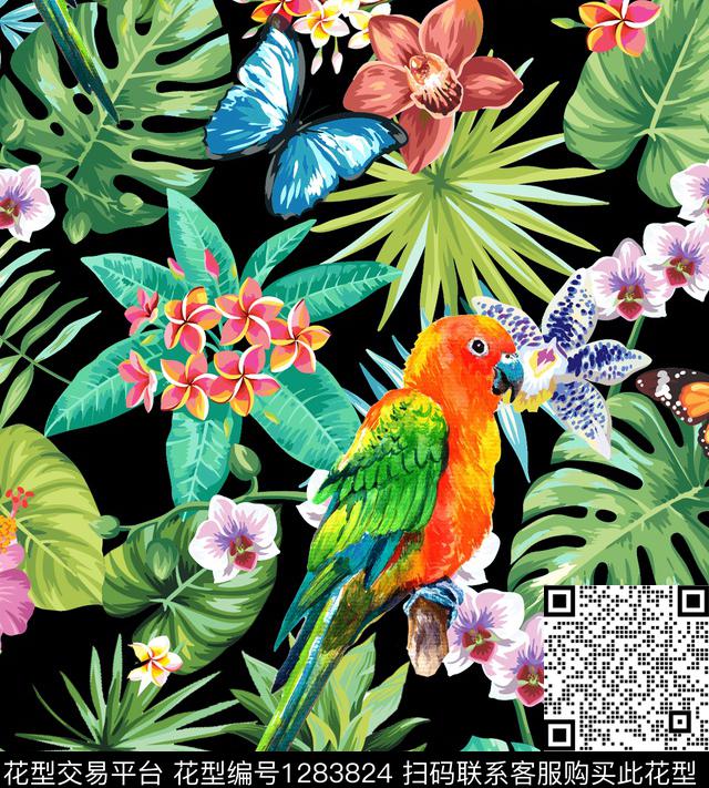 438329.jpg - 1283824 - 花鸟 棕榈树 热带花型 - 数码印花花型 － 女装花型设计 － 瓦栏