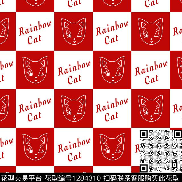未标题cat.jpg - 1284310 - 格子 猫 卡通 - 传统印花花型 － 童装花型设计 － 瓦栏