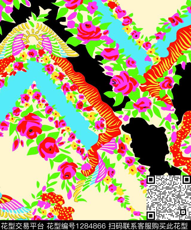 蝴蝶花.jpg - 1284866 - 玫瑰花 花卉蝴蝶 水彩花卉 - 传统印花花型 － 女装花型设计 － 瓦栏