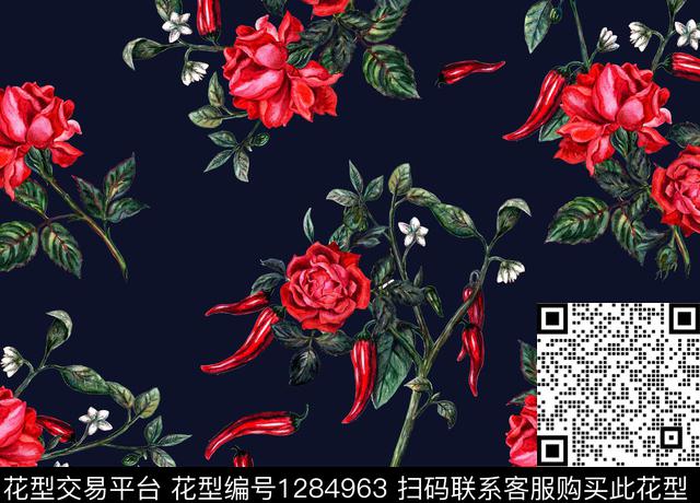 191220玫瑰红椒藏青.jpg - 1284963 - 蜡染 抽象花卉 花卉 - 数码印花花型 － 女装花型设计 － 瓦栏