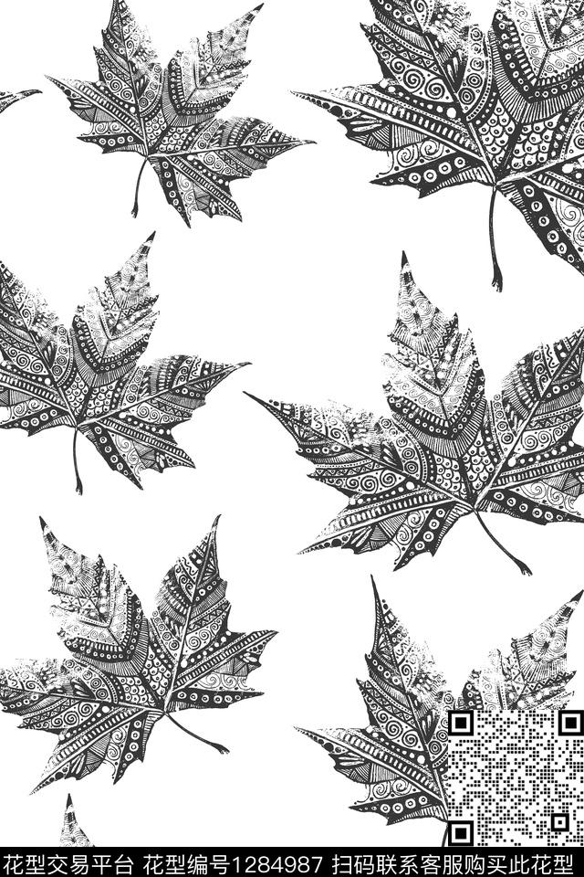 黑白枫叶.jpg - 1284987 - 肌理 枫叶 植物 - 传统印花花型 － 女装花型设计 － 瓦栏