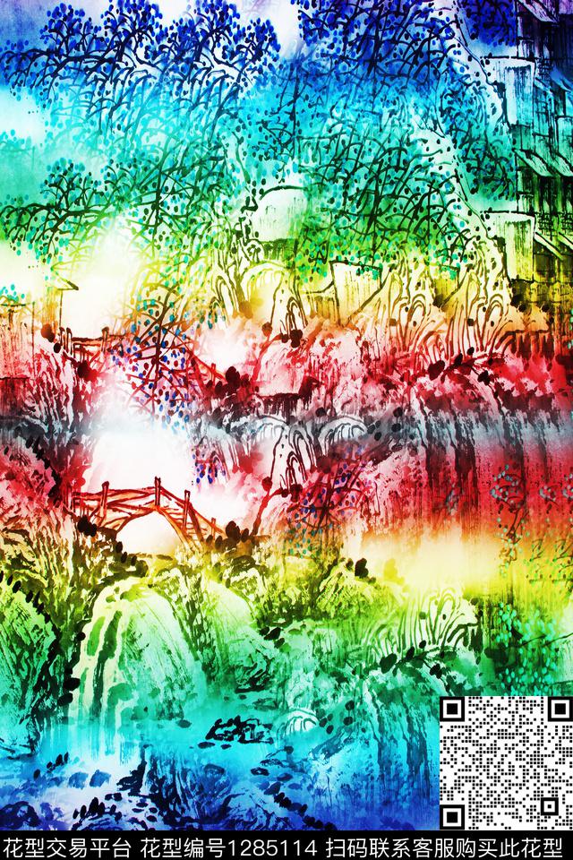 渐变国画时尚大牌数码印花花型下载（图片编号: 1285114） - 瓦栏（Walan）