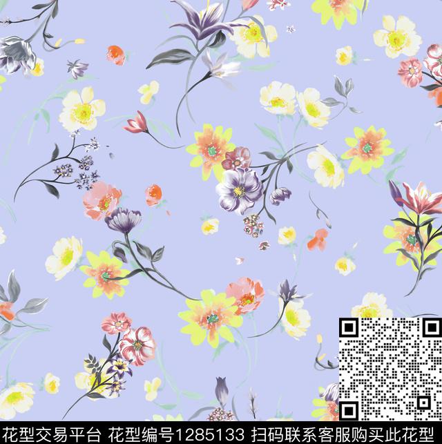 手绘花卉数码印花花型下载（图片编号: 1285133） - 瓦栏（Walan）
