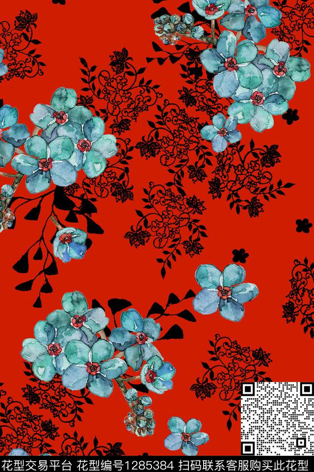 花卉大牌风植物数码印花花型下载（图片编号: 1285384） - 瓦栏（Walan）