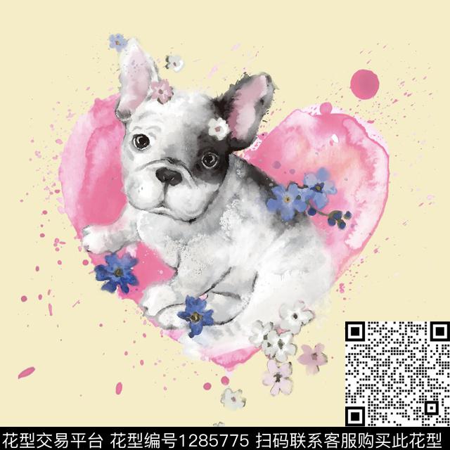 爱心水彩花卉法斗犬数码印花花型下载（图片编号: 1285775） - 瓦栏（Walan）