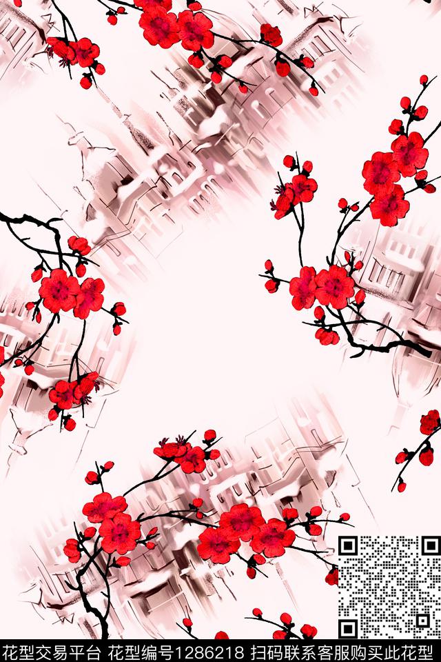植物中国风国画数码印花花型下载（图片编号: 1286218） - 瓦栏（Walan）