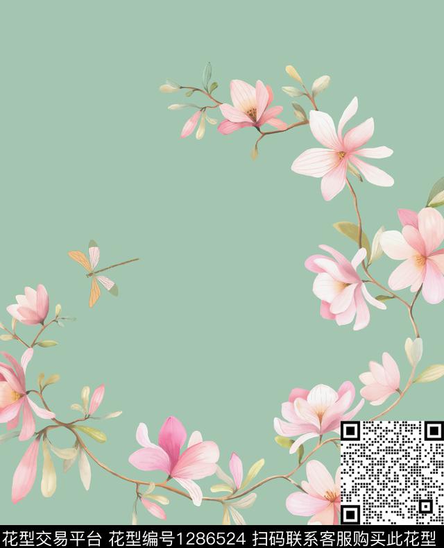 绣花图案.jpg - 1286524 - 玉兰花 黑底花卉 植物 - 传统印花花型 － 礼品花型设计 － 瓦栏