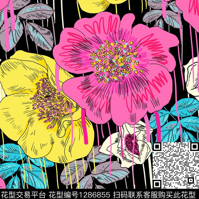 46.jpg - 1286855 - 黑底花卉 抽象 时尚 - 传统印花花型 － 泳装花型设计 － 瓦栏