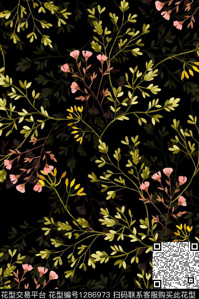 树枝花卉植物数码印花花型下载（图片编号: 1286973） - 瓦栏（Walan）