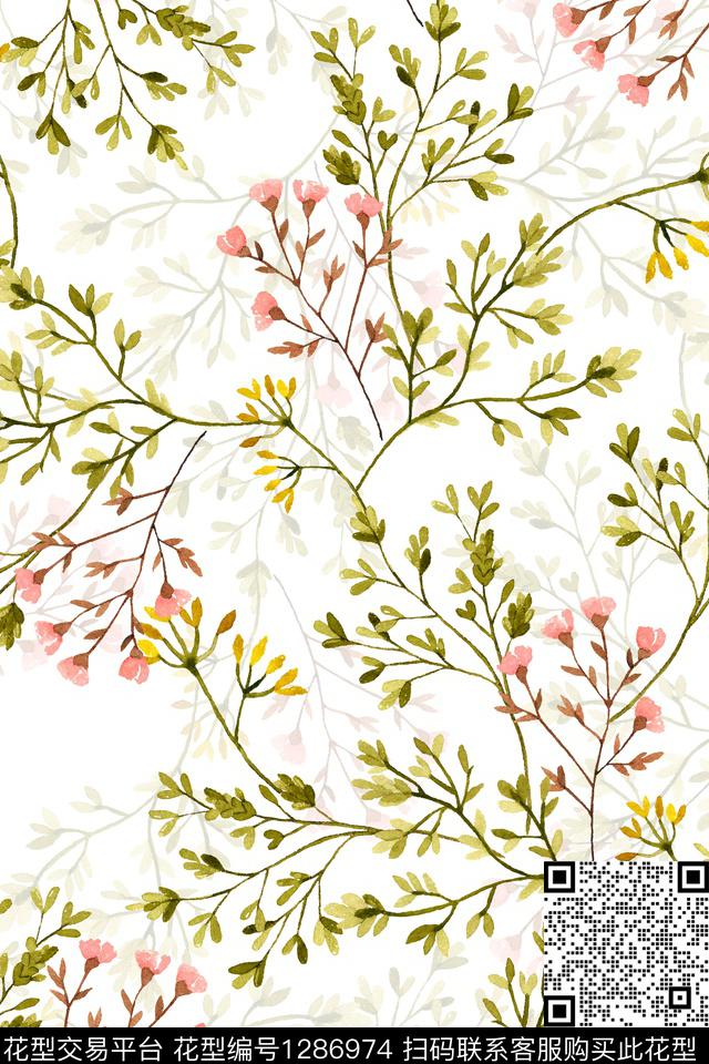 树枝花卉植物数码印花花型下载（图片编号: 1286974） - 瓦栏（Walan）
