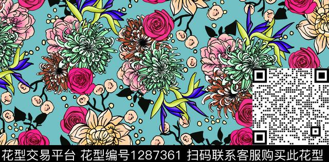 玫瑰菊花.jpg - 1287361 - 玫瑰花 女装 花卉 - 传统印花花型 － 女装花型设计 － 瓦栏