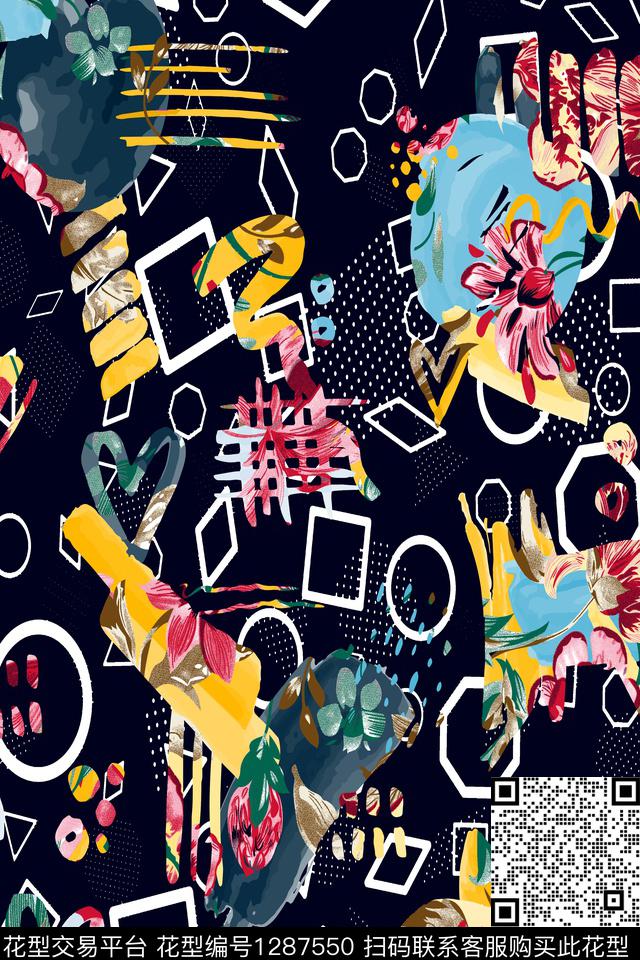 xcwh-dp10-A.jpg - 1287550 - 涂鸦 几何 花卉 - 数码印花花型 － 泳装花型设计 － 瓦栏