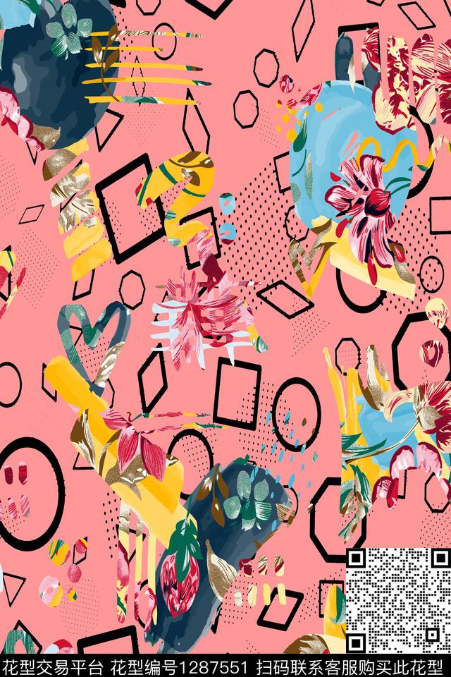 xcwh-dp10-B.jpg - 1287551 - 涂鸦 几何 花卉 - 数码印花花型 － 泳装花型设计 － 瓦栏