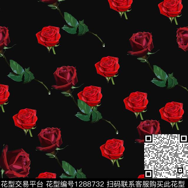 20191229.jpg - 1288732 - 黑底花卉 玫瑰花 时尚 - 数码印花花型 － 女装花型设计 － 瓦栏