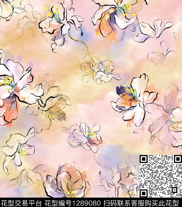 线描+水彩花.jpg - 1289080 - 朦胧花卉 水彩花卉 线描花卉 - 数码印花花型 － 女装花型设计 － 瓦栏