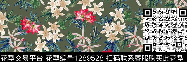guan251 二方连续.jpg - 1289528 - 花卉 绿植树叶 军绿底 - 数码印花花型 － 女装花型设计 － 瓦栏