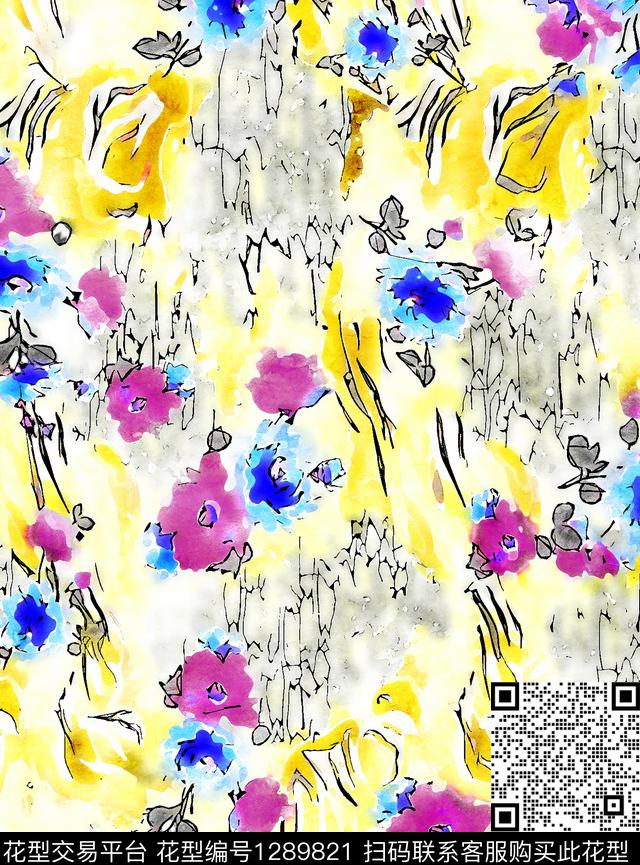 G1912229B.tif - 1289821 - 水彩 花卉 手绘 - 数码印花花型 － 女装花型设计 － 瓦栏
